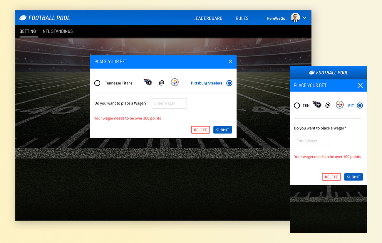 Football Pool Place Bet UI Screenshot